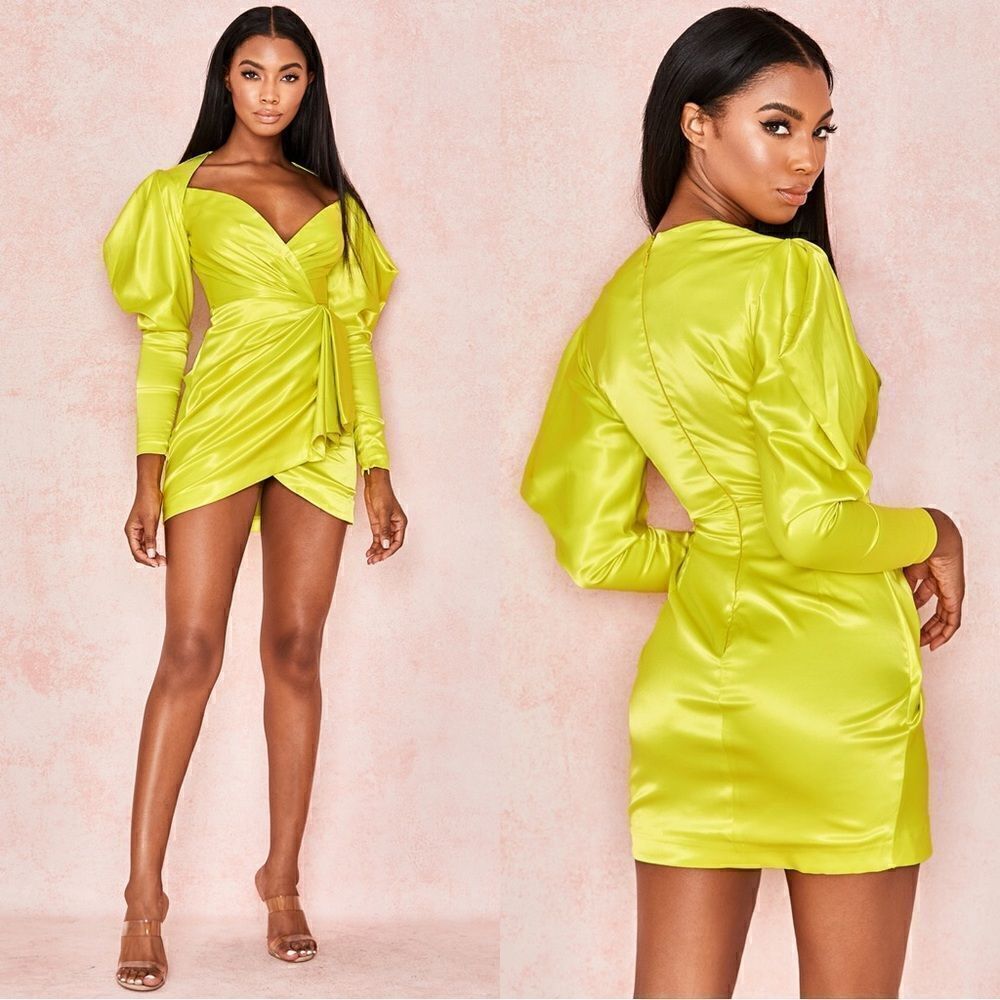 House of CB Marionella Satin Mini Green Lime Dress Draped Size S